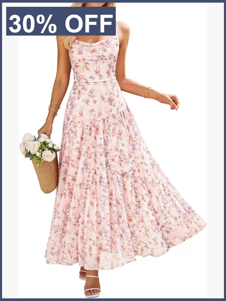 Sleeveless Floral Maxi Dress With Cowl Neck, Spaghetti Strap, A-Line,